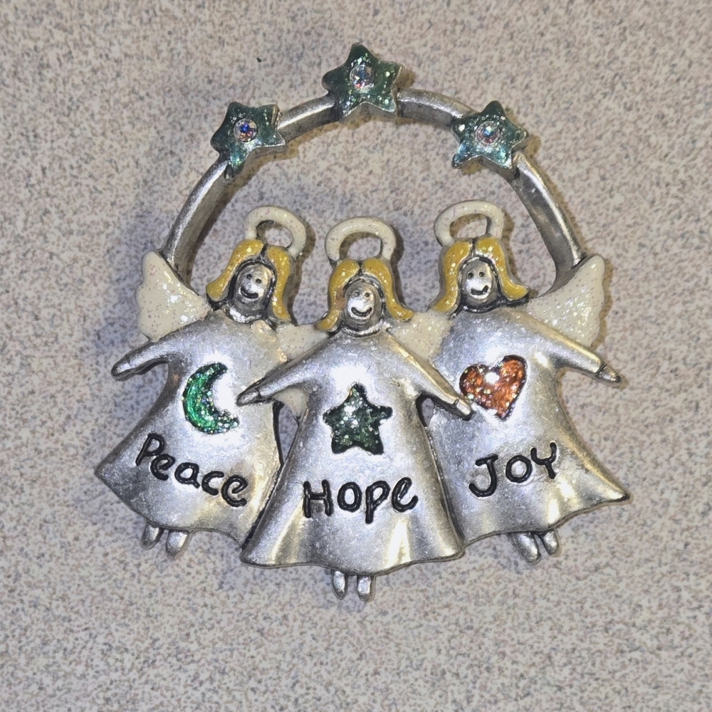 Silver Brooch Angel Trio with Colorful Accents Peace Hope Joy